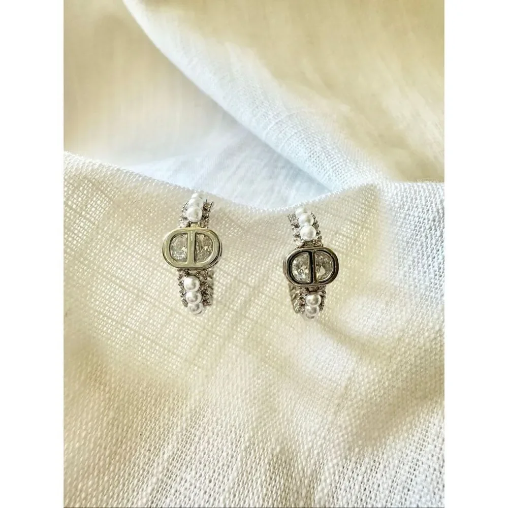 Cubic zirconia faux pearl hoop earrings
